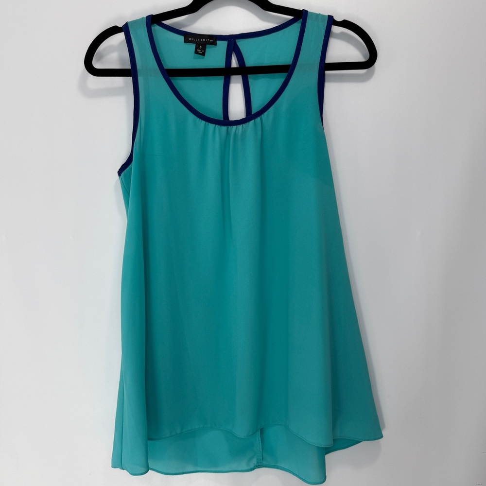 Willi Smith sleeveless turquoise blue tunic top with navy blue piping size S